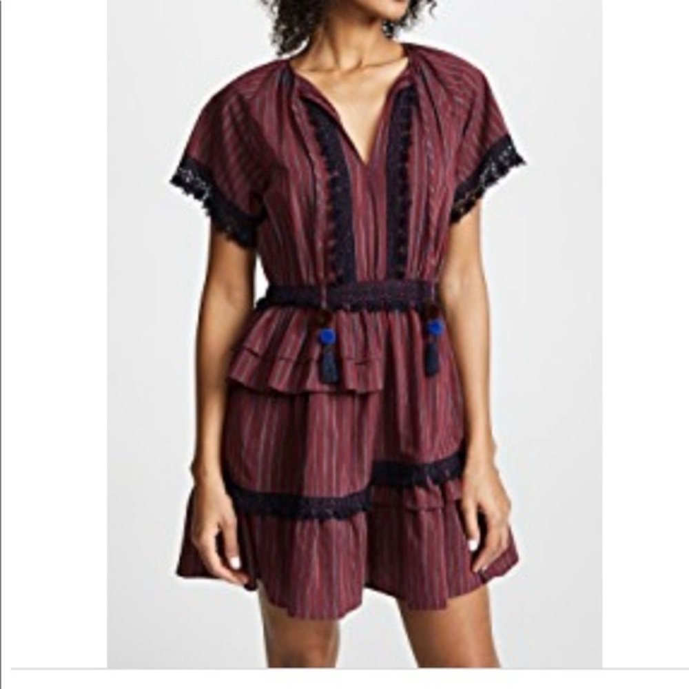 Sea New York Peasant Dress Burgundy Black Ruffled Pom Poms Lace Trim size 2